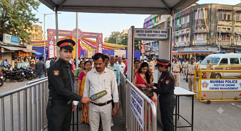 United Guard Force India security personnel conducting metal detector bag and body screening at a festive Navratri Dandiya event entrance in Mumbai.