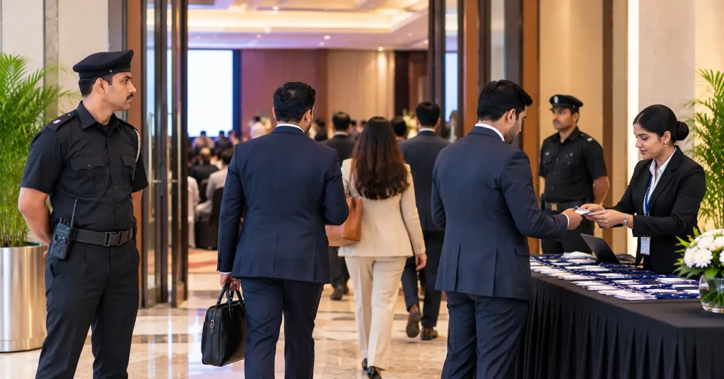 Security personnel managing guest access at a corporate event