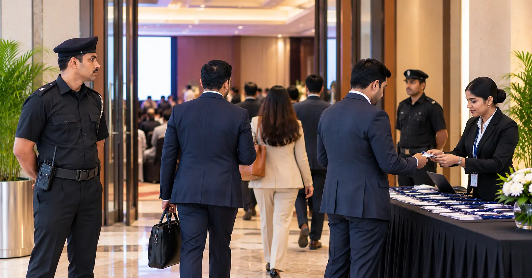 Security personnel managing guest access at a corporate event